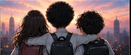 夕暮れの街を見つめる幼少期の三人の後ろ姿
